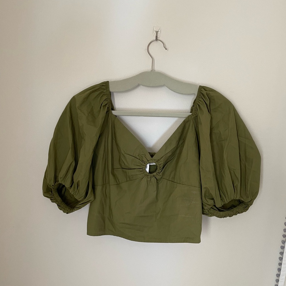Abercrombie Puff Sleeve Poplin O-Ring Top Olive Green - NWT